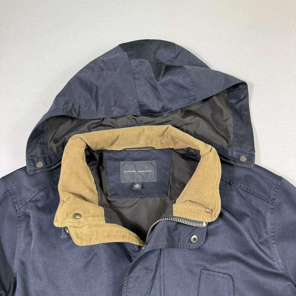 Banana Republic Jacket Mens XL Navy Hooded Utility Field Coat Corduroy Trim EUC